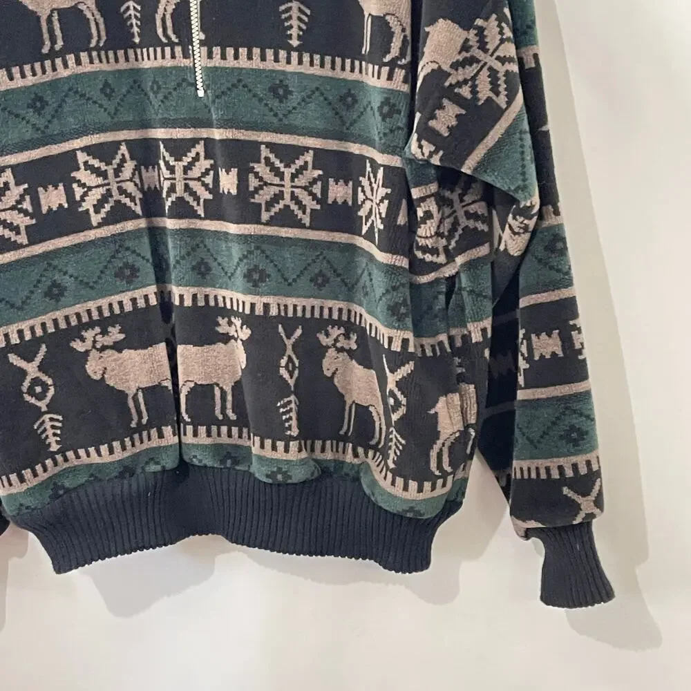 Norm Thompson Velour Pullover Moose Fair Isle 1/2 Zip Sweatshirt Shacket Large - Picture 5 of 12